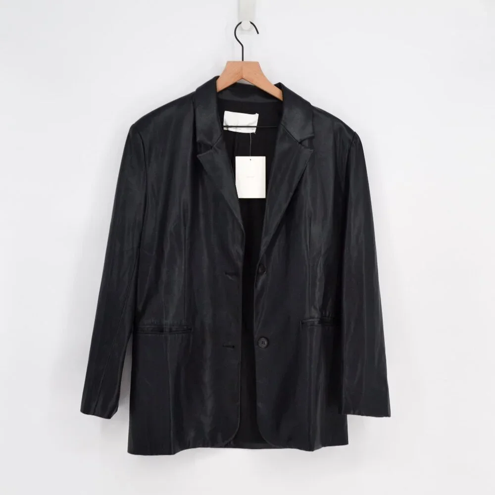 NEW Oak + Fort Oversized Blazer Jacket Faux Leather Two Button in Black Womens S